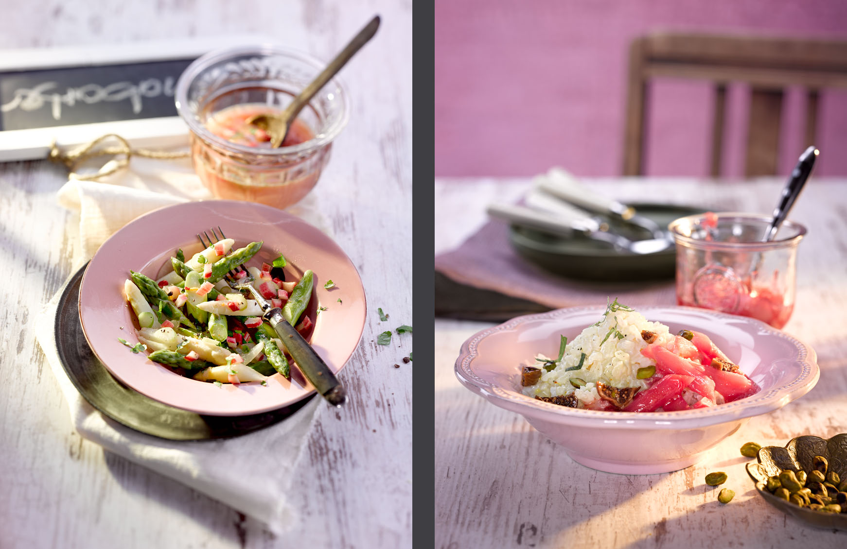 editorial - landhaus - warmer spargelsalat mit rhabarbervinaigrette - orientalischer milchreis mit rhabarberkompott