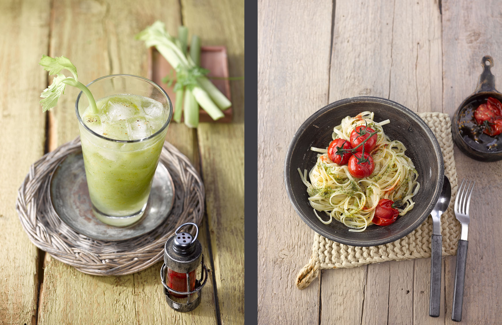 editorial - landhaus - gruener smoothie - linguine mit zitronenoel und ofentomaten
