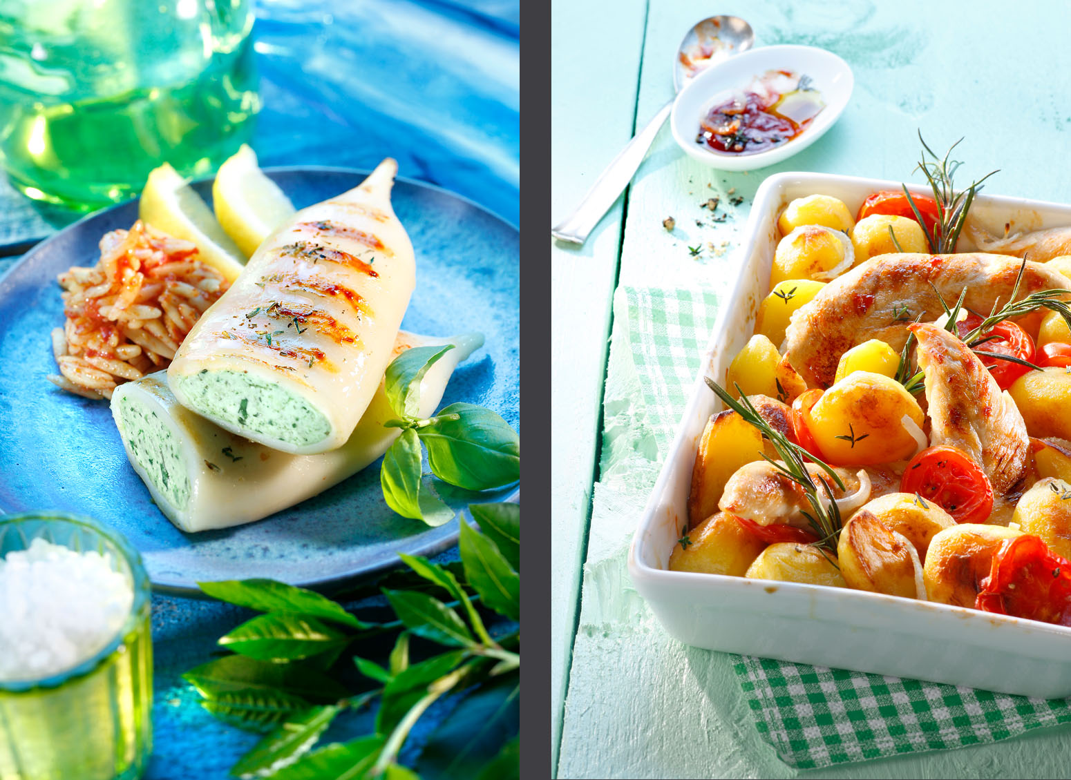editorial - mediterran - kalamari-tuben - haehnchen mit ofenkartoffeln
